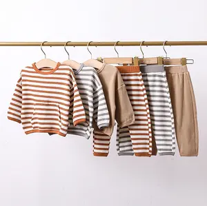 Hongbo Hot Sale Baby Toddler Girl Monogram Autumn Striped Pajamas Bubbles Soft 95% Cotton Knit Baby Clothes
