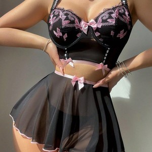 Embroidery Bow Gathered Mesh See-Through Skirt With Thong Cute Backless Women's Sexy Lingerie 3-Piece Set for Women - Product Image 1
