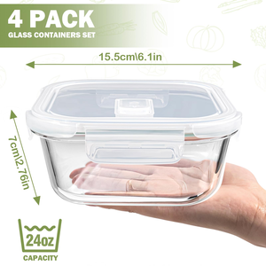 Snap-Locking Square Glass Meal Prep <b>Containers</b> <b>Plastic</b> <b>Lid</b> Microwave Freezer Safe Dishwasher Safe BPA-Free Heatable Leak Proof - Product Image 2