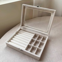 Boîte à bijoux rectangulaire en velours avec fenêtre transparente vintage, organisateur à 9 compartiments avec serrure pour accessoires