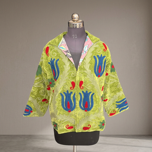 Veste courte vintage en velours vert olive brodée Suzani pour femme, doublée de soie, style ethnique, faite à la main, idéale pour les festivals - Product Image 1