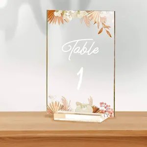 Pafu Boho Wedding Orange Floral Table Place Card Acrylic Sign with Holders 4x6 inch Clear Acrylic Table Numbers 1-20 with Stand