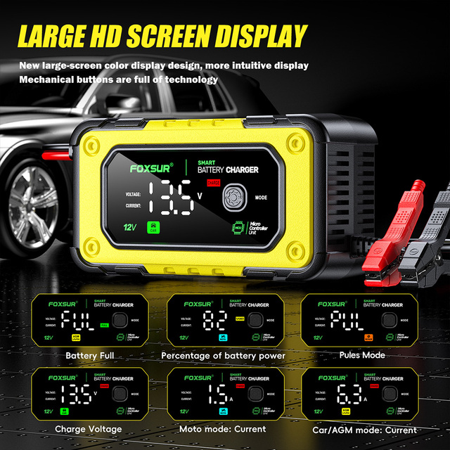 Car Digital Battery Charger 12V 7A Battery Maintainer Color Screen Smart Fast Charge for Calcium Gel AGM Lead Acid Batteries