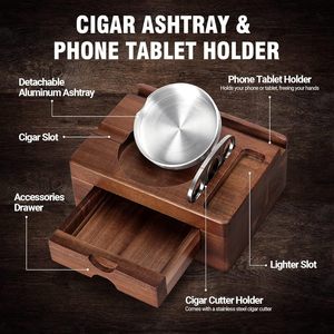 Cendrier à cigares en bois carré de style américain avec tiroir et support pour téléphone pour utilisation en extérieur dans un bar - Product Image 2