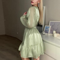 Automne nouveau Streaming brillant élégant soie français robe courte femmes taille haute Style à manches longues Satin teinte robe