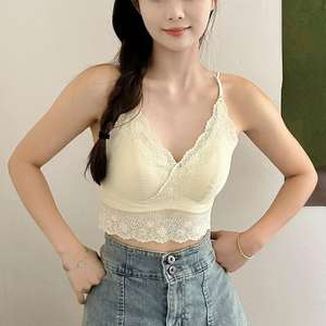 Camisola de encaje francés sexy de lujo ligero, transpirable, con tirantes ajustables y espalda cruzada, sin costuras, con almohadillas delgadas para el pecho, se puede usar como top. - Product Image 5