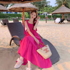Halter Dress Women Summer Beach Long Skirt Tight Waist Solid Color Breathable Vacation Wear - Product Image 2