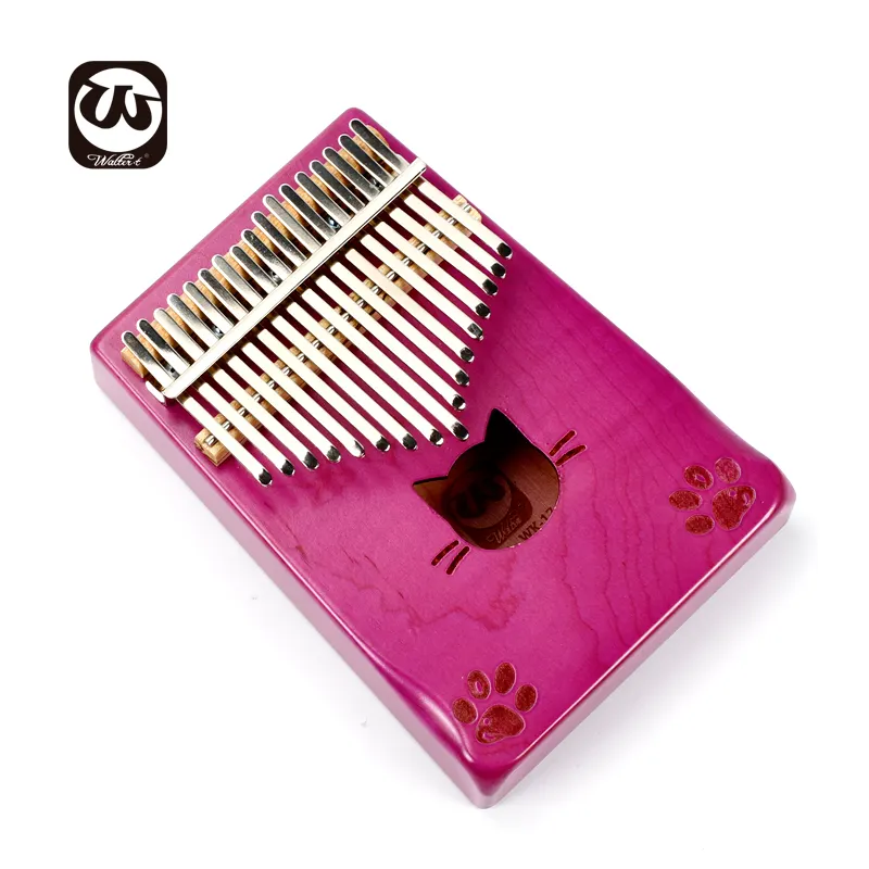 Walter Kalimba 17 Keys Thumb Piano Solid Maple with Study Instruction and Tune Hammer, Portable kalimba with purple cat