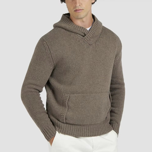 Sweat à capuche en tricot à col châle pour <span class=keywords><strong>homme</strong></span> en brun taupe <span class=keywords><strong>Pull</strong></span> à capuche avec poche kangourou en mélange de laine d'<span class=keywords><strong>alpaga</strong></span> douce - Product Image 1
