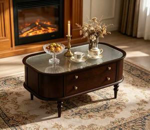 Vintage Dark Wood Coffee <b>Table</b> with Reeded Glass Top & <b>Drawers</b> Farmhouse Living Room Storage <b>Table</b> - Product Image 3
