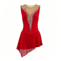 Robe de patinage artistique rouge sans manches pour spectacle, avec décolleté en V profond, dos ouvert en maille, strass et jupe asymétrique pour enfants