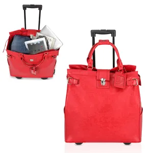 Large capacity portable red color pu leather pull rod duffel bag trolley travel bag multifunction suitcase weekender bag