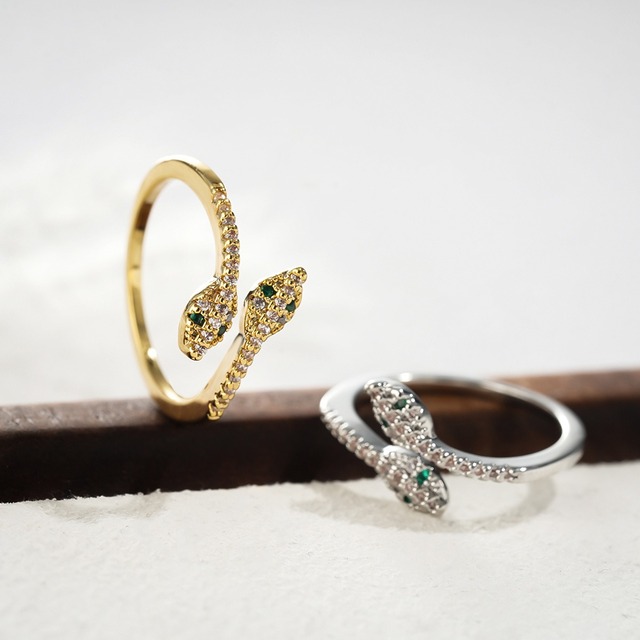 Copper Gold Silver Plated Zircon Snake Ring Emerald Green Eye Snake Couple Ring for Women Men