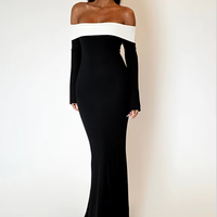 Robe longue moulante de soirée personnalisée OEM pour femme, à épaules dénudées contrastantes, manches longues et bretelles spaghetti