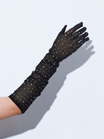 A645 Gants de mariée rétro à long point en diamant Transparent Noir Gants de mariage en maille pour femmes Nouveaux gants à doigts fendus