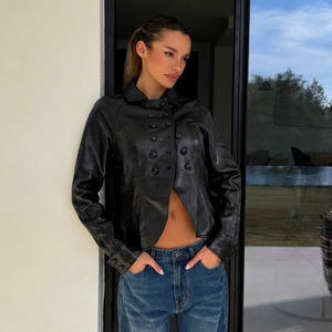 Women's Black Double Breasted PU Woven Moto <b>Jacket</b> Autumn New Turn-down Collar Punk Rocker Casual <b>Zip</b>-<b>Up</b> Outerwear - Product Image 5