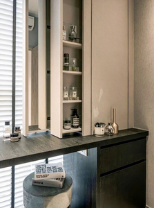 <strong>Bedroom</strong> Floating <strong>Vanity</strong> <strong>Unit</strong>, with Dark Wood Pillars and Open Shelves LED Decorative Lights - Product Image 4