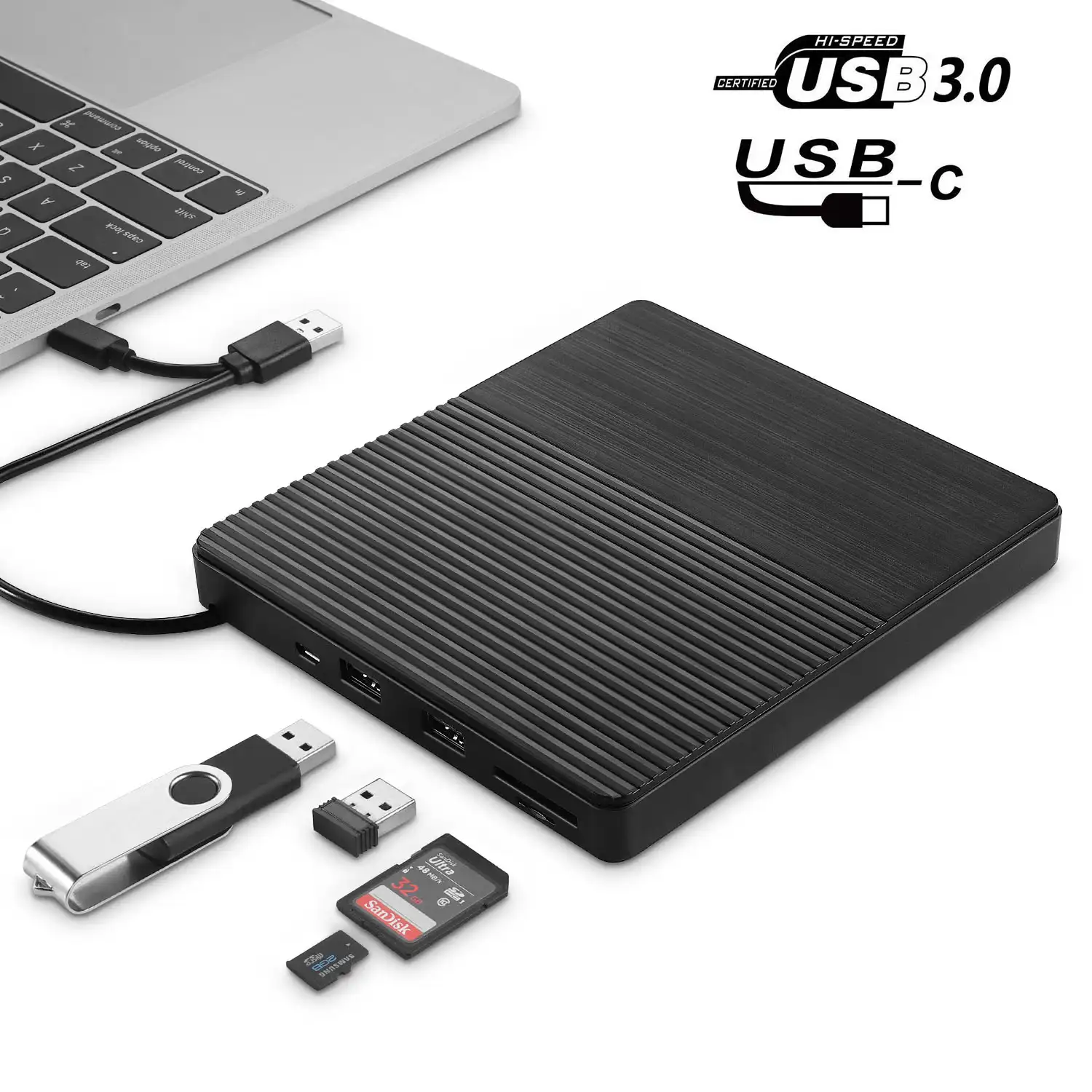 Drive Optik Eksternal USB 3.0 Portabel, Pembakar CD Tipe-c Kecepatan Tinggi Pemutar CD/DVD TF/SD untuk Windows Linux