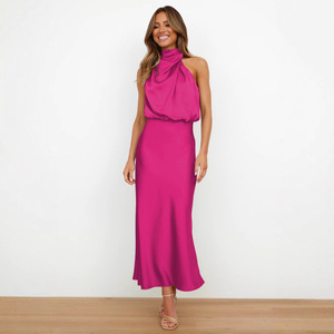 <span class=keywords><strong>Vestido</strong></span> <span class=keywords><strong>de</strong></span> Dama <span class=keywords><strong>de</strong></span> Honor <span class=keywords><strong>de</strong></span> Satén con Cuello Halter, Silueta en A, Largo Midi, Antiarrugas, Primavera/Verano 2026, Superventas - Product Image 1