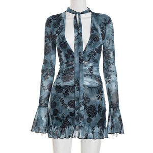 Women's Fall New Arrival Printed Mesh Halter Neck <b>Tie</b>-<b>Back</b> Long Sleeve Dresses With Safety Panties Fashion - Product Image 6