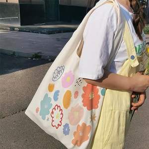 Hot Eco Books Shopping Outing Flower Painting Tank Top Shoulder Strap Canvas Cotton Tote Beach Bag - Product Image 3