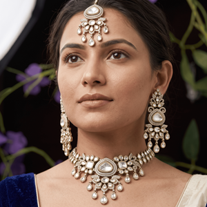 Kundan Moissanite Statement Necklace Set Matching Earrings Maang Tikka Brass Antique Gold Plated <b>Indian</b> Designer Ethnic Wedding - Product Image 4