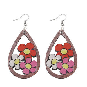 Pendientes de madera Moda Personalidad Color Impreso Flor Gota en forma de hueco Doble colgante Pendientes para mujer Uionen 947 - Product Image 5