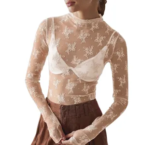 2023 custom long sleeve beige Mesh flower embroider Casual Women's Tops For ladies
