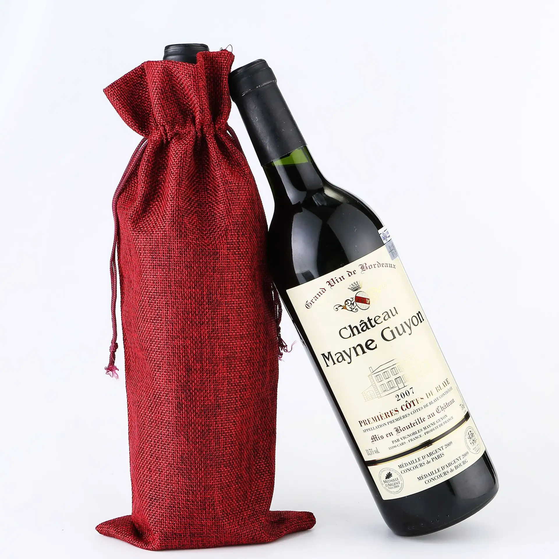Commercio all'ingrosso rotondo di lino fondo di natale sacchi di tela vino coulisse borse con logo