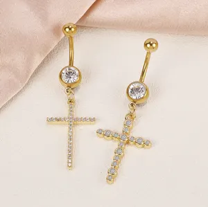 Custom Brass Cubic Zirconia Navel Ring Surgical Steel Bar Dangling Cross Madonna Belly Button Ring