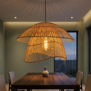 Lampe suspendue en rotin tressé à deux niveaux en forme de parapluie, éclairage LED chaleureux pour salle à manger - Product Image 3