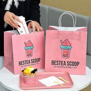 Sacs à emporter jetables en papier kraft biodégradable imprimés sur mesure, écologiques, pour gâteaux, thé à bulles et crème glacée - Product Image 3