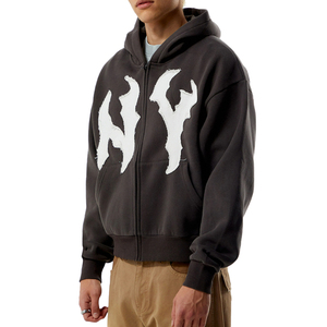 Manufacturer <strong>NY</strong> Raw Applique Full Zip up Hoodie Unisex High Street Cropped Patch Embroidery Hoodie Vintage Loose Y2k <strong>Hoodies</strong> - Product Image 2
