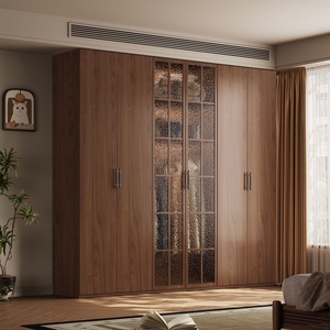 <span class=keywords><strong>Armario</strong></span> de Dormitorio Moderno Personalizado de Nogal con Puertas de Vidrio con Efecto de Ondas de Agua, <span class=keywords><strong>Armario</strong></span> de Almacenamiento de Piso a Techo para Casa o Villa - Product Image 2