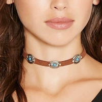 Bracelets et colliers faits main en cuir véritable brut, corde en velours coréen, tournesol en argent antique avec pierre bleue, collier ras du cou pour femme