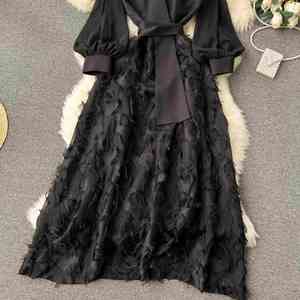 Vestido Maxi Romántico de Primavera Ecológico de Alta Calidad para Mujer Tallas Grandes con Cuello Halter, Manga Abullonada, Estilo Imperio, Patchwork y Encaje Tejido en Línea A - Product Image 3