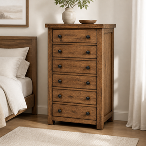 Brown Solid Cherry Wood Dresser P2 Particleboard + MDF Melamine 80x42x115 cm <b>Framed</b> Double Handles Five Drawers Cabinet - Product Image 3
