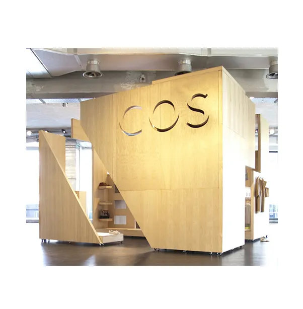 Shopping mall kiosk and pop up store design with wooden displays