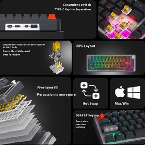 Teclado mecánico 65%, junta de 68 teclas, Anti-ghosting intercambiable en caliente, Mini RGB, Teclado mecánico para juegos con cable para ordenador - Product Image 3