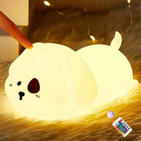 Veilleuse pour bébé en forme de chien mignon allongé, télécommandée, rechargeable par USB, en silicone souple, avec changement de couleur RGB