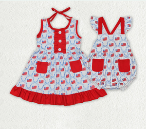 Robes et barboteuses à nœuds drapeau du 4 juillet pour bébés filles - Product Image 1