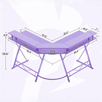 Table de jeu d'angle double couche au design moderne Bureau d'ordinateur de jeu violet en forme de L en fibre de carbone avec lumières LED