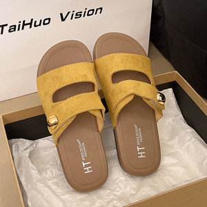 Sandalias de Mujer de Ante Sintético, Punta Abierta, Hebilla Metálica, Planas, Casuales, de Verano, Antideslizantes, con Suela de Goma - Product Image 4