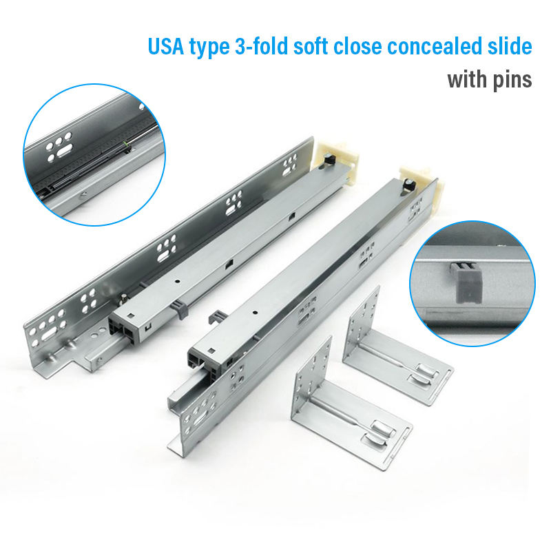American type 3-fold soft close concealed slide with pins
