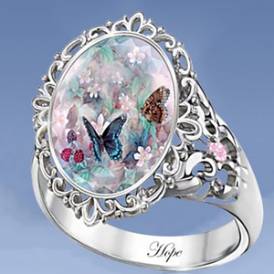 Butterfly Flower <b>Ring</b> Silver Tone Oval Cabochon Women's Jewelry Gift Hope Engraved Fashion <b>Statement</b> Piece - Product Image 1