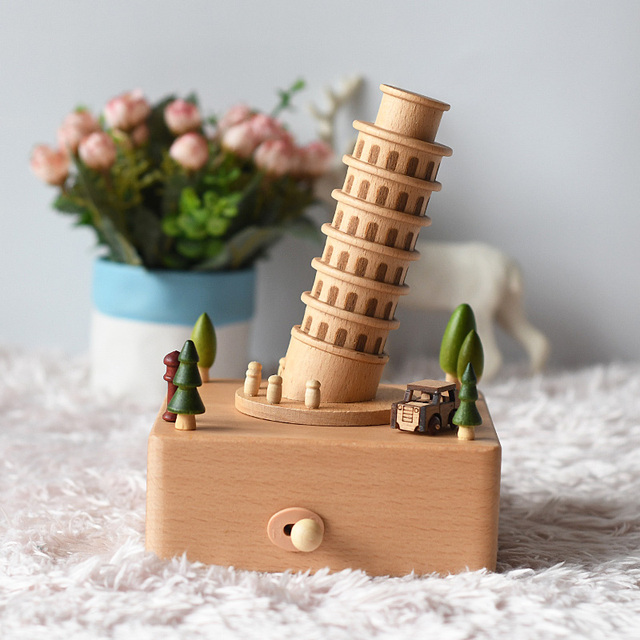 Famous Architecture Leaning Tower Wooden Music Box with Moving Car Mechanical Eco-friendly Beech Wood Battery Free
