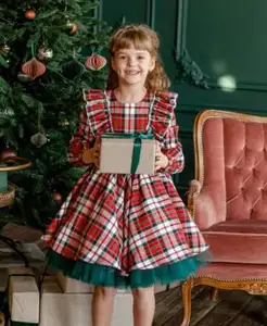 Rarewe Kids Weihnachten Long Flare Sleeve Party kleid Spitze Floral Plaid Printed Bowknot Rüschen Mädchen Kleid