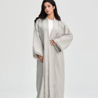 Abaya plissée doublée effet lin LM110 avec poches, robe modeste à devant ouvert pour femmes musulmanes
