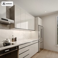 Meuble de cuisine sur mesure haute brillance, aménagement minimaliste avec îlot, rangement par tiroirs, fournitures pour projets domestiques et boîtes en panneaux de particules