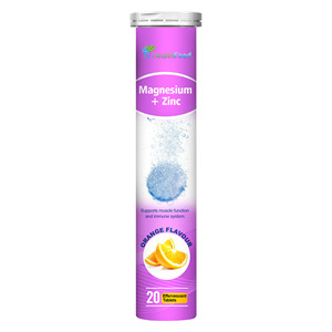 Comprimés effervescents de magnésium et zinc, saveur orange, 20 unités – Favorisent la fonction musculaire, la santé immunitaire et osseuse, et l'équilibre électrolytique - Product Image 1